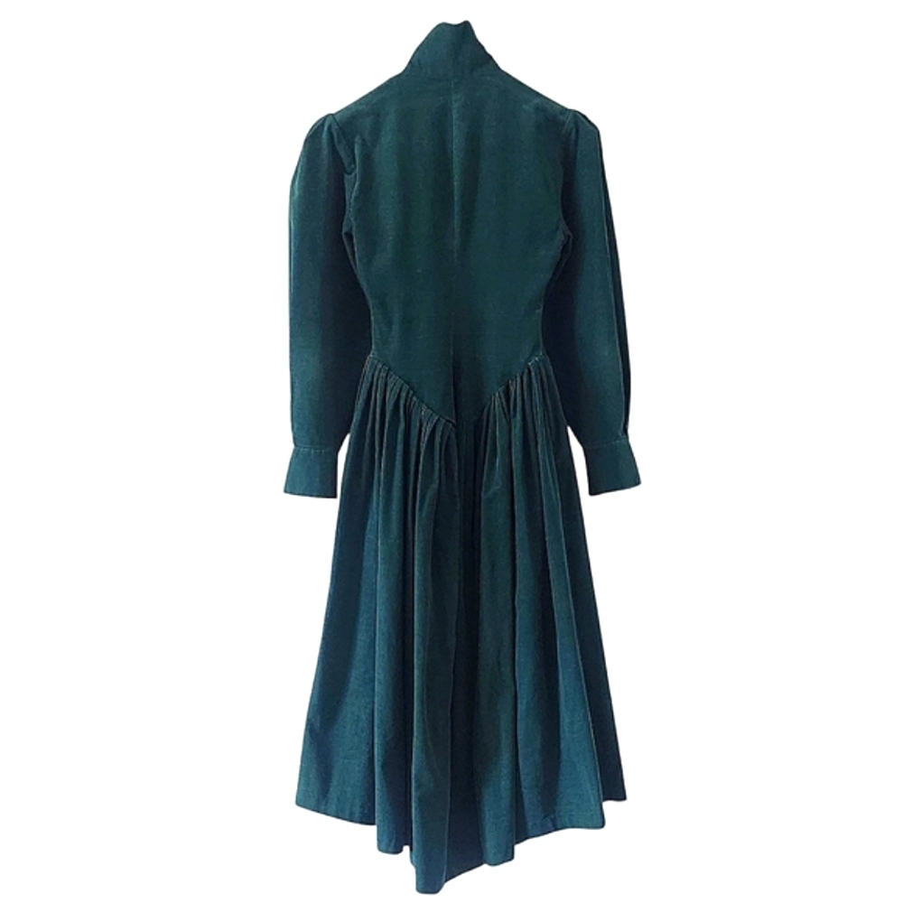 80's Norma Kamali Drop Waist Puff Sleeve Green Corduroy Button Down Dress Small - Picture 4 of 12